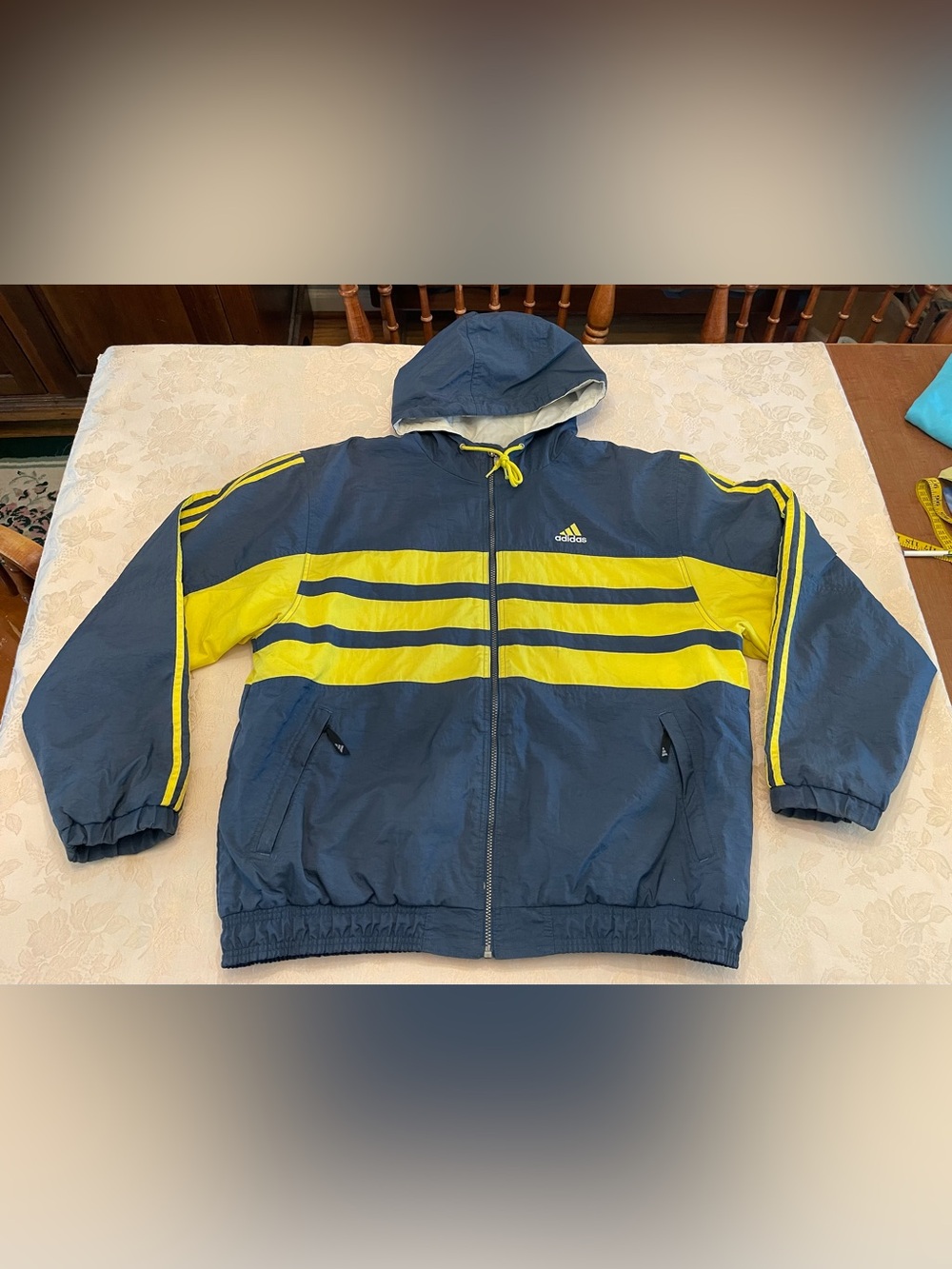 Vintage 90s Adidas Puffer Coat Navy Blue Bright Yellow Color-Blocked Large